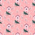 Seamless pattern with stalling birds and birdhouses with blossom branches.